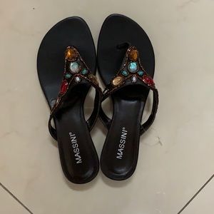NWOT. Multi Jeweled thong sandals. Brown, size 7.5. Never used.